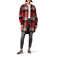 Red and black plaid woven (100% Cotton). Top. Long sleeves. Shirt collar neckline. Exposed front button down placket. 35" from shoulder to hemline. Imported. Rent The Runway, Closet Designs, Red And Black Plaid, Menswear Inspired, Check Shirt, Cotton Top, Black Plaid, Shirt Collar, Red And Black