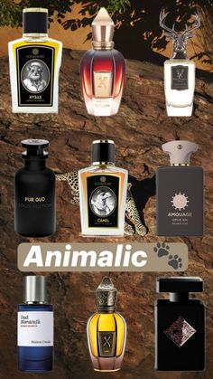 an advertisement with different types of perfumes on it's display shelf, and the words animalic above them