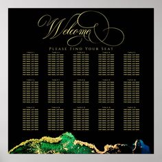 a black and gold wedding seating chart with the words, please find your seat on it