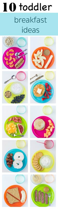 the ten toddler breakfast ideas are shown in different colors and sizes, including breads,