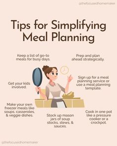 a woman cooking food with the words tips for simplifying meal planning on it