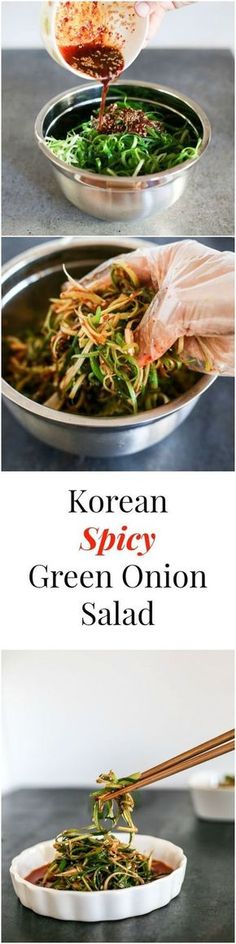 korean green onion salad is being served with chopsticks