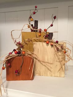 three wooden blocks with dried berries on them sitting on a white shelf next to each other