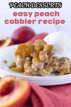 peach cobbler dessert on a plate with ice cream