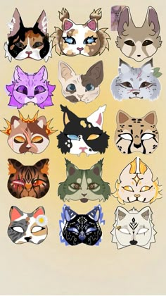 a group of cats with different facial expressions on their faces, all in various colors