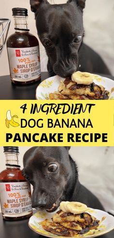 a black dog eating pancakes on top of a table next to a bottle of syrup