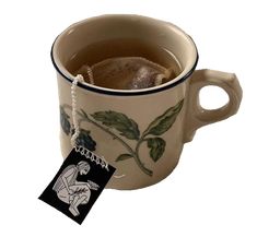 a cup of tea with a tag on it