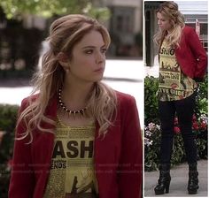 an image of a woman in red jacket and yellow shirt on the set of gossip