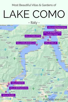 lake comoo map with the most beautiful lakes and gardens in italy, from top to bottom