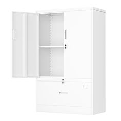 an open white cabinet with two drawers