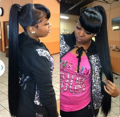 Edges and pony tail LAID to perfection ! High Ponytail With Bangs, Pretty Ponytail, Ponytail With Bangs, Ponytail Weave, Updo Ponytail