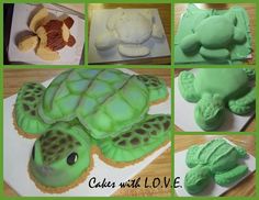 there are pictures of cakes made to look like animals and turtle's shell shapes