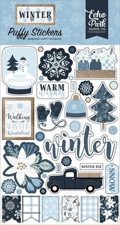 the winter sticker sheet is shown with snowflakes, trees and other items