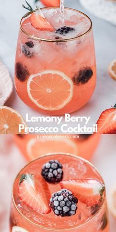 two glasses filled with lemony berry prosecco cocktail