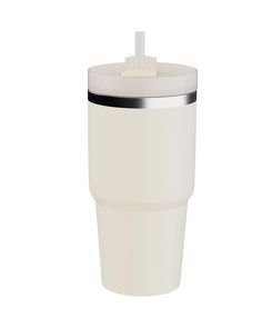 a white cup with a black stripe on the side