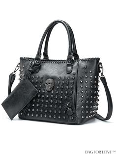 BagForLove - High-Quality Rivet Womens Skull Handbag - Pu Crossbody Purse Black Punk Style Tote Shoulder Bag, Alternative Style Bags With Rivets For Everyday Use, Punk Style Bags With Rivets For Everyday Use, Black Punk Tote Bag, Black Punk Style Tote Bag, Punk Style Bag With Rivets For Daily Use, Punk Shoulder Bag For Alternative Fashion, Black Riveted Shoulder Bag, Black Rivets Shoulder Bag