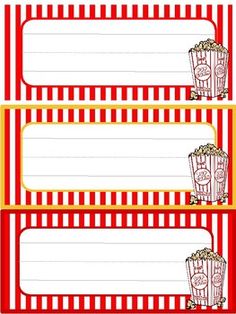 three red and yellow striped movie tickets with popcorns on the front, one is blank for