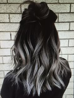 Dark Hair With Icy Blonde Balayage, Black And Platinum Balayage, Dark Hair With Silver Balayage, Brown Hair With Black Shadow Root, Dark Brown Hair With Silver Balayage, Dark Brown Hair With Silver Highlights Brunettes, Brown To Silver Hair Ombre, Black Hair With Silver Ends, Platinum Black Balayage