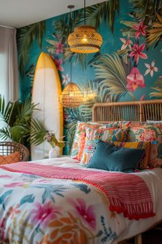 a bed with colorful bedspread and tropical wallpaper