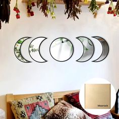 PRICES MAY VARY. 🌔Materials- Moon Phases Mirror Set is made of imitation wood and acrylic panels, not like ordinary mirrors to fragile easily, have different imaging effect of mirror, they are just decorations to your room.（not real mirror) 🌓Bright & Spacious- This wall hanging mirror can easily reflect the surrounding light and make your home feel brighter and more spacious. You can also make the satellite both outward and inward by switching the orientation around the crescent moon. Only fiv Sun And Moon Mirror, Moon Mirror, Mirror Wall Living Room, Mirror Artwork, Spiritual Decor, Boho Room Decor, Moon Decor, Mirror Stickers, Living Room Mirrors