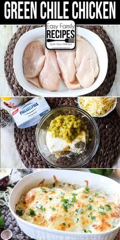 green chile chicken recipe in a white casserole dish