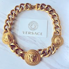 An Iconic Versace Design, This Chunky Chain-Link Necklace Is Embellished With Heritage Medusa Medallions. All Versace Jewelry Items Are Lead And Nickel Free. All Materials Are Hypoallergenic. Chain Necklace Medusa Medallions Hook Fastening Length: 17.7 Inches Long Metal: Brass Finish: Versace Gold Made In Italy Versace Design, Versace Necklace, The Scientist, Versace Jewelry, Versace Gold, Design Jewelry, Chain Link Necklace, Link Necklace, Brass Finish