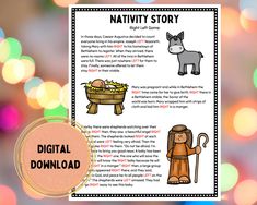 a nativity story with an image of a donkey and a man in a basket