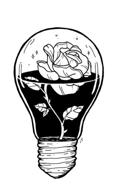 a drawing of a light bulb with a rose in the center and water inside it