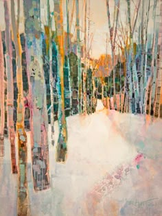 an abstract painting of trees in the snow