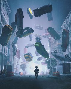 a person standing in the middle of a city surrounded by flying cars and spaceships