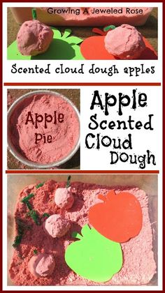 an apple themed cloud dough recipe is shown in three different pictures, including the top and bottom