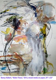 an abstract painting with white, yellow and blue colors on it's paper background