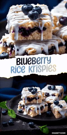 blueberry rice krispies are stacked on top of each other with white icing