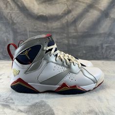 Step up your sneaker game with these stylish Air Jordan 7 Retro For The Love Of The Game sneakers. Crafted from high-quality leather, these sneakers come in a classic white color with metallic gold, true red, and midnight navy accents. The stylish design is perfect for men who love athletic shoes, and the size 12 fit ensures a comfortable wear. These sneakers are part of the Air Jordan product line and were released in 2010. The style code is 304775-103, and the manufacturer color is white/metallic gold/true red/midnight navy. These sneakers are perfect for any athletic activity, and the nickname "For The Love Of The Game" adds a touch of inspiration to any sneakerhead. Navy Accents, Jordan 7, True Red, Sneaker Games, Classic White, High Quality Leather, Sneaker Head, Size 12, Air Jordans