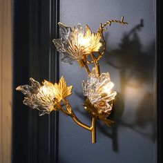 Maple Leaf Wall Lamp - 3-Light Clear Textured Glass Sconce In Gold For Bedroom Branch Chandelier, Crystal Wall Lighting, Wall Lights Bedroom, Lampe Decoration, Wall Sconces Bedroom, Leaf Wall, Crystal Wall, Wall Fixtures, Maple Leafs