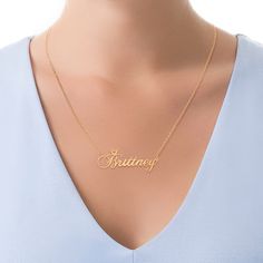 Perfect for your princess, this enchanting personalized necklace is certain to please. Fashioned in sterling silver with 14K gold plate, this 1-3/4 x 3/4-inch look features the name of your choice - between three and twelve characters in length - sculpted in a pretty script font. A petite crown with a heart-shaped cutout tops the capitalized first letter for a regal touch. Polished to a bright shine, this name art suspends centered along an 18.0-inch cable chain that secures with a spring-ring c Gold Necklace With Name, Cutout Tops, Name In Cursive, Pretty Script Fonts, Bday List, Name Necklace Gold, Crown Necklace, Heart Cut Out, Font A