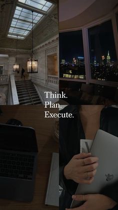 a woman holding a laptop computer in front of a window with the words think plan execute