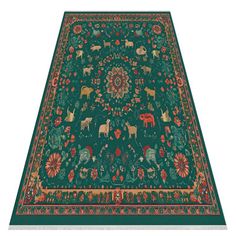 a green rug with animals and flowers on the bottom is shown in full view, it has