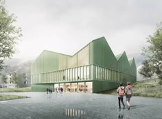 an artist's rendering of a green building with people walking in front of it