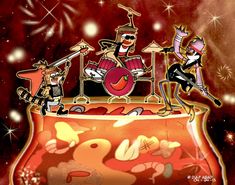 three cartoon characters are playing drums in front of an orange drum case with red and yellow stars