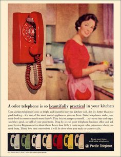 an old fashioned red phone with a woman in the kitchen next to it that says, i know we've nested, but are going crazy easy you have our number, call