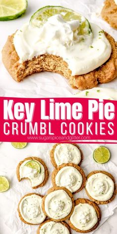 key lime pie crumb cookies with cream cheese frosting and limes on the side