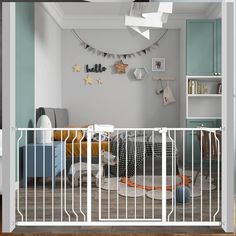 a child's room with a baby crib in it