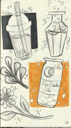 a drawing of coffee, milkshake and other items