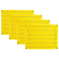 three yellow pegboards with holes on each side and one has four holes in the middle