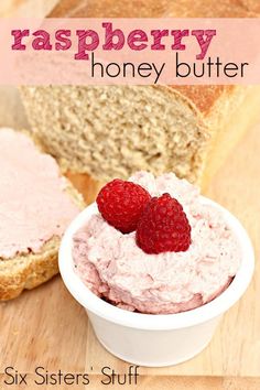 raspberry honey butter in a white bowl next to a loaf of bread