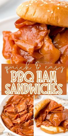 bbq ham sandwiches with barbecue sauce on top and in the background text overlay