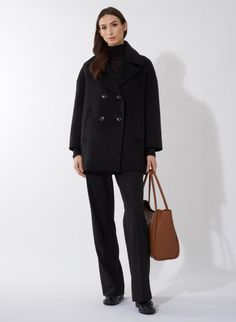 Sustainable black wool and cashmere peacoat Luxury Winter Outerwear With Hidden Button Closure, Luxury Wool Outerwear For Business Casual, Cashmere Long Coat For Business, Business Cashmere Long Wool Coat, Business Long Cashmere Wool Coat, Luxury Wool Coat With Hidden Button Closure, Timeless Formal Wool Coat For Fall, Luxury Cashmere Wool Coat For Work, Classic Cashmere Wool Coat With Concealed Placket