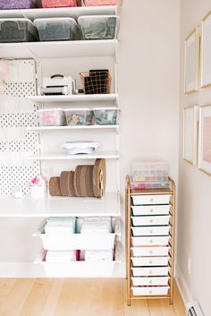 the shelves are filled with many different types of crafting supplies and storage bins