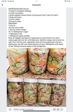 some jars filled with different types of vegetables and salads on top of each other